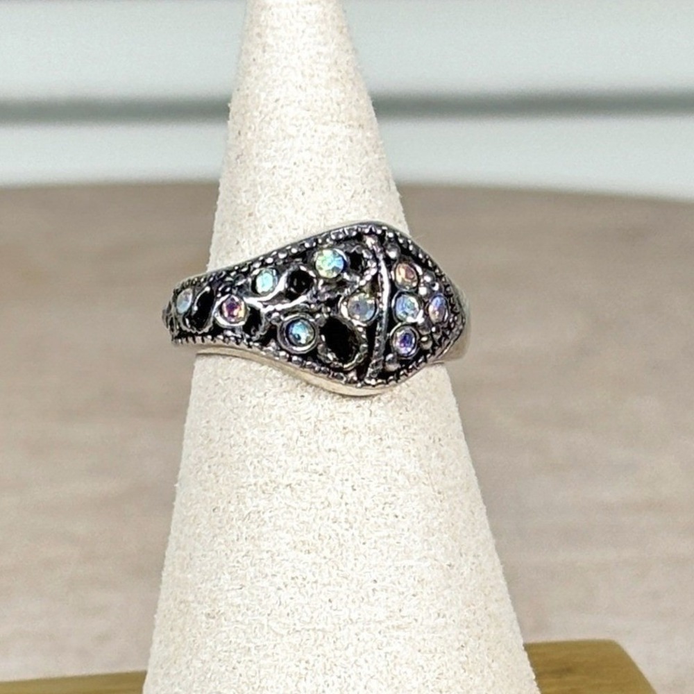 1990s Vintage Statement Silver Filigree Cluster Ring Aurora Borealis Size 6